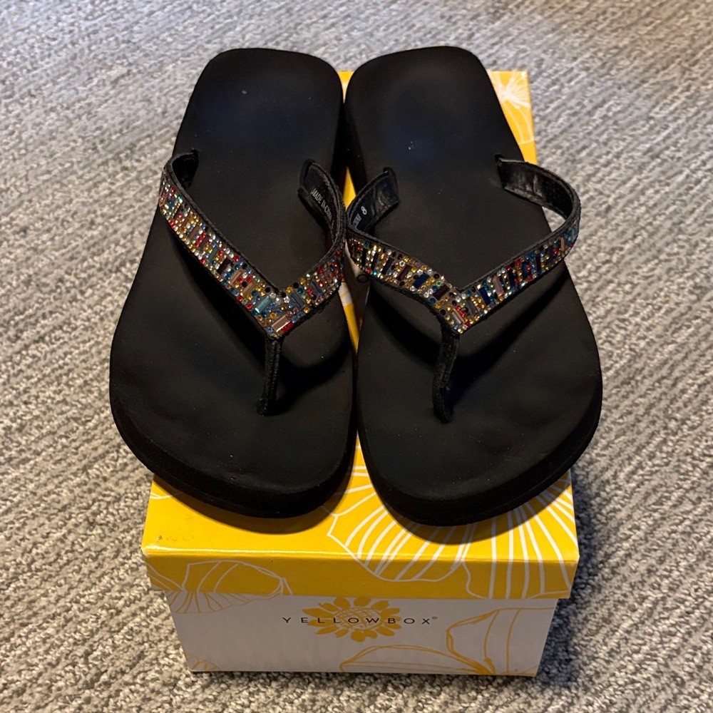 Yellow Box Black Sandals with Colorful Beaded Straps
